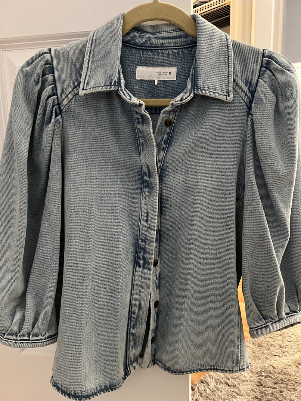 Zara Denim Puff Sleeve Blouse Top Small Blue Hidden Button Down Balloon Shirt